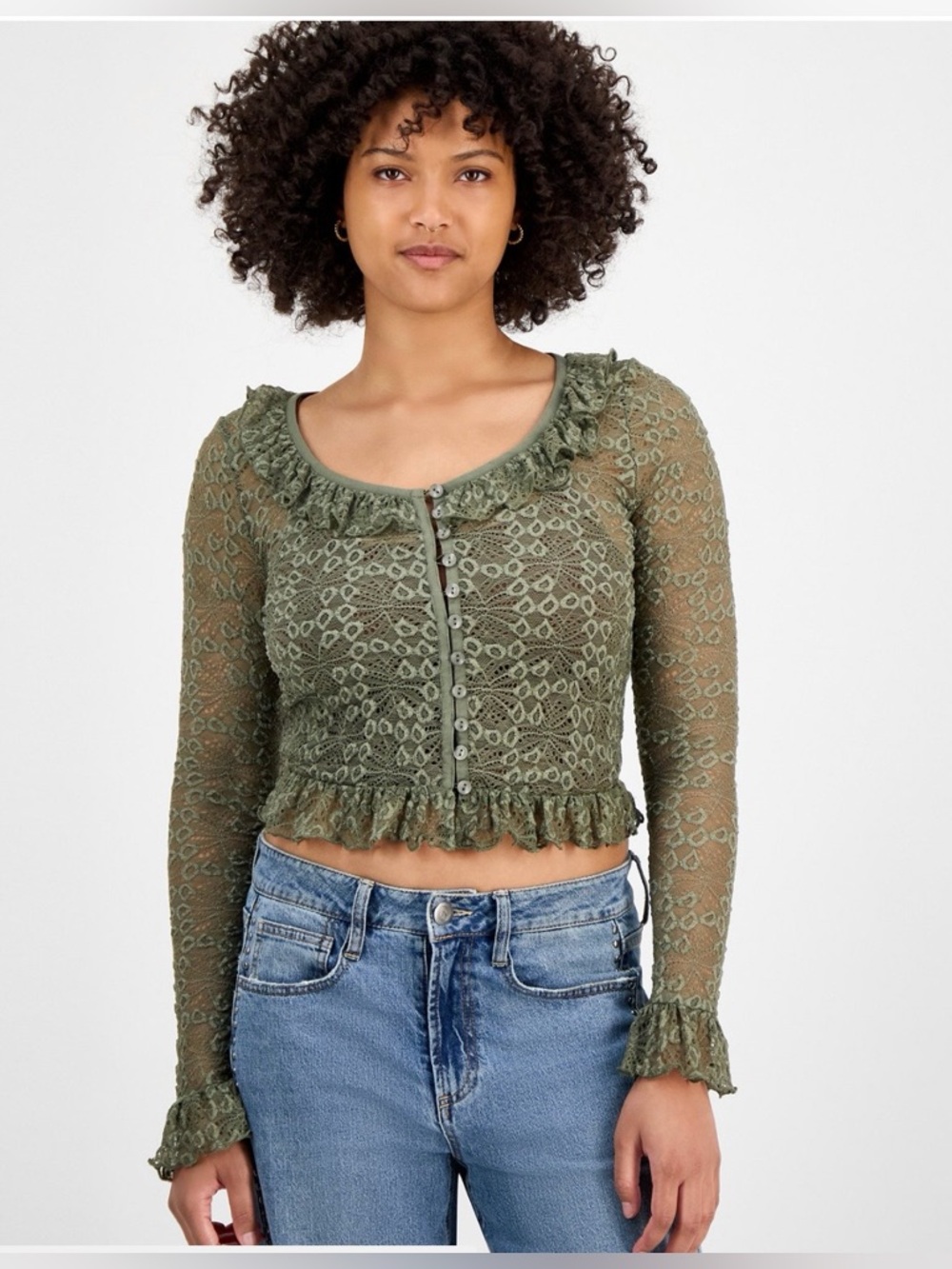And Now This Women's Large Cropped Top Olive Lace Sheer Stretch Ruffle Trim